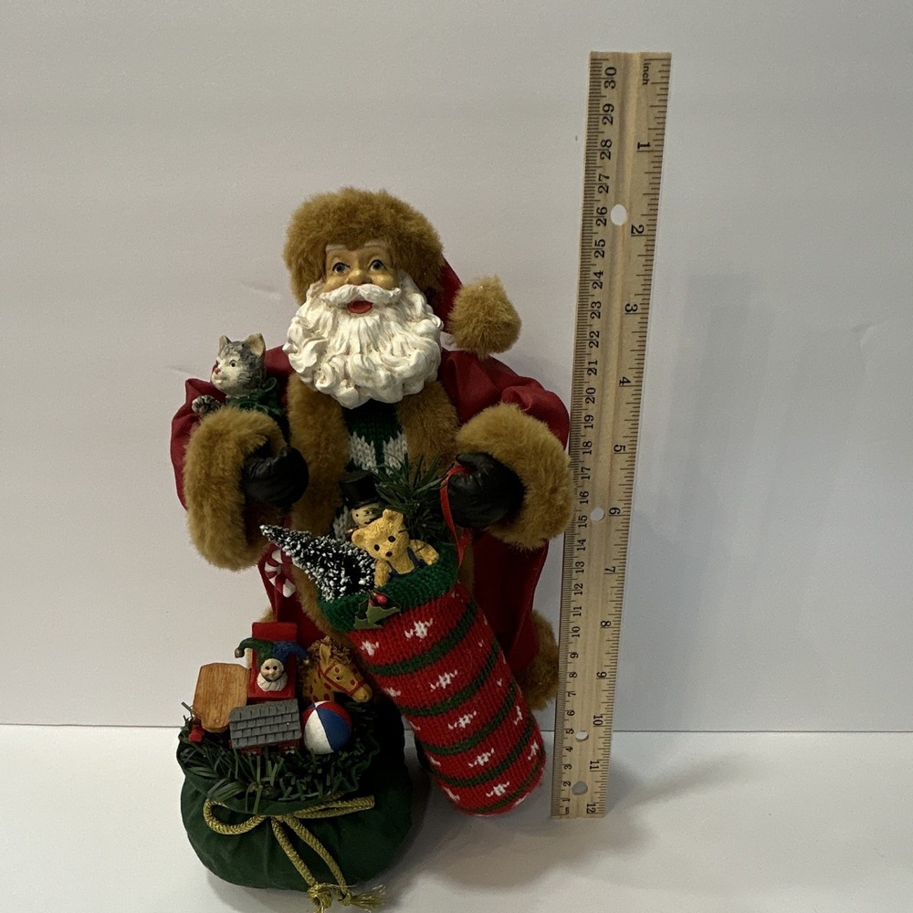 Fabric Santa Claus Christmas Figurine, Freestanding Multicolor w/ Stocking Bag